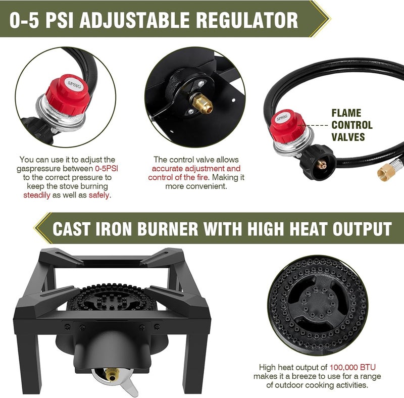 BestFire Propane Burner,100,000 BTUs High Pressure Single Propane Stove with 4.1ft Adjustable Hose with Regulator,Gas Stove for Outdoor Cooking, Turkey Fry, Seafood Boil - Image 2